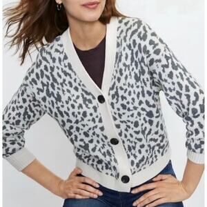 LOFT Sweater Oversized Grey & White Leopard Print Cardigan Womens XXL